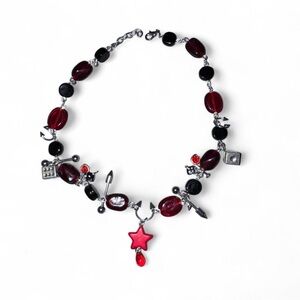 Red Silver Black Star Charm Necklace with piercings vampire goth vibes